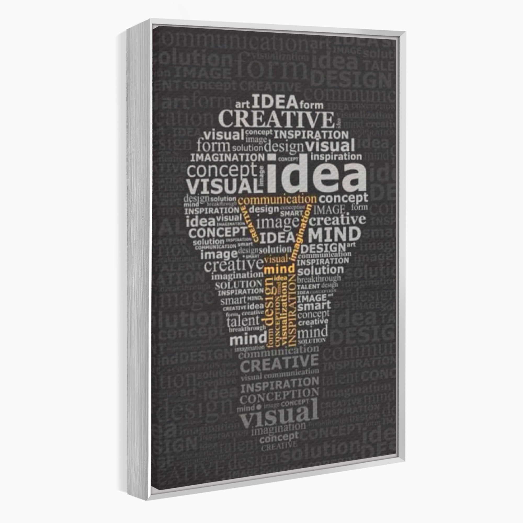 Tablou canvas cu tablou canvas cu silueta de bec formata din cuvinte, in rama de aluminiu argintiu